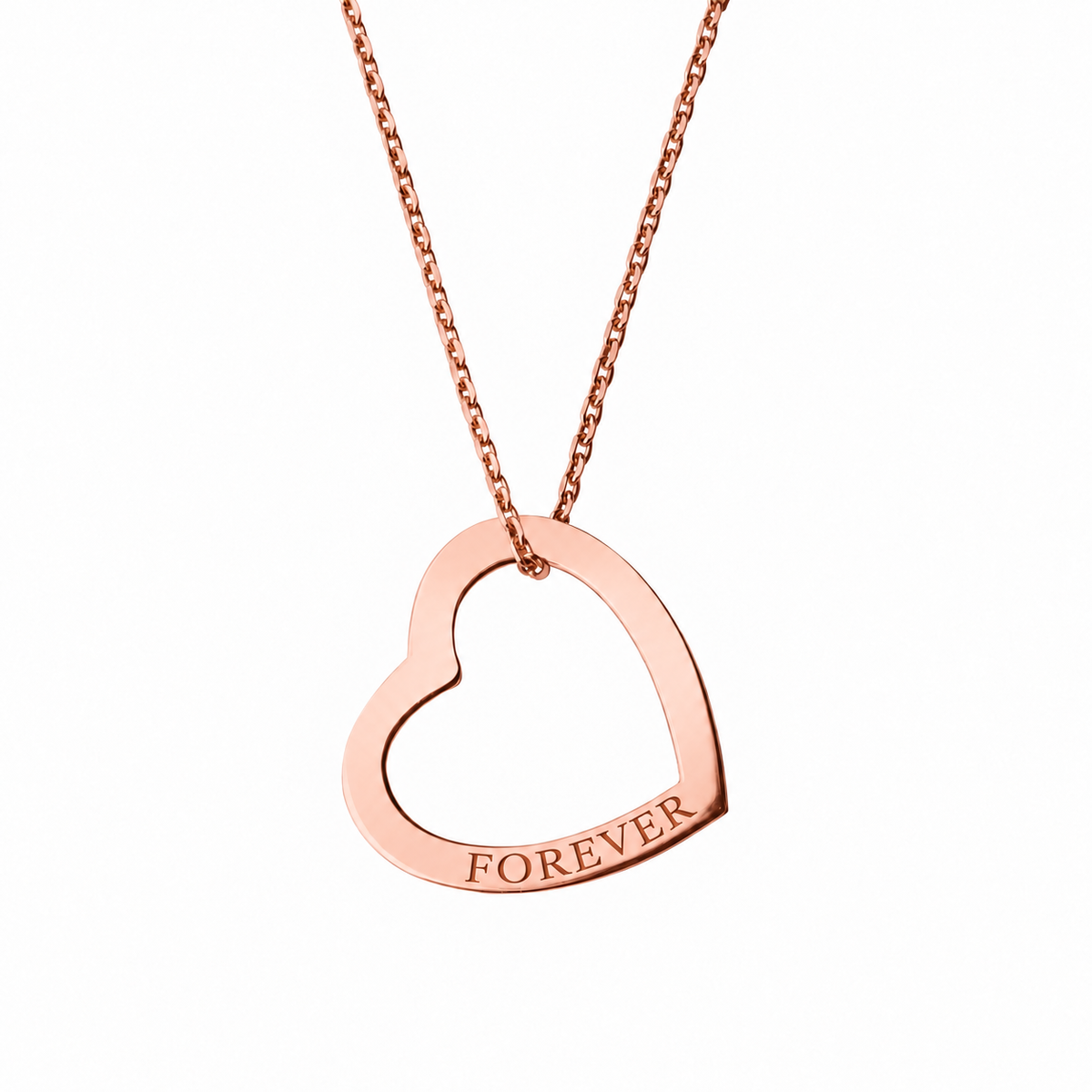 14k Rose Gold Hollow Heart necklace engraved FOREVER