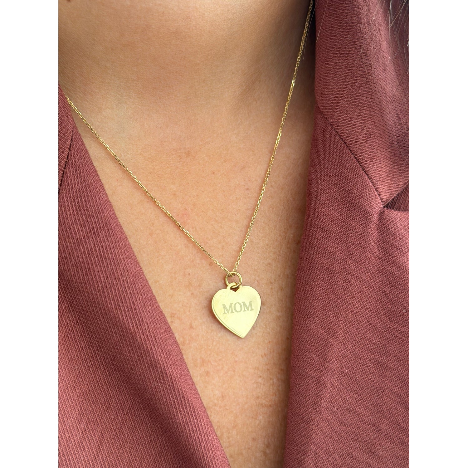 MOM Heart Necklace, MOM, yellow gold tone, lifestyle view