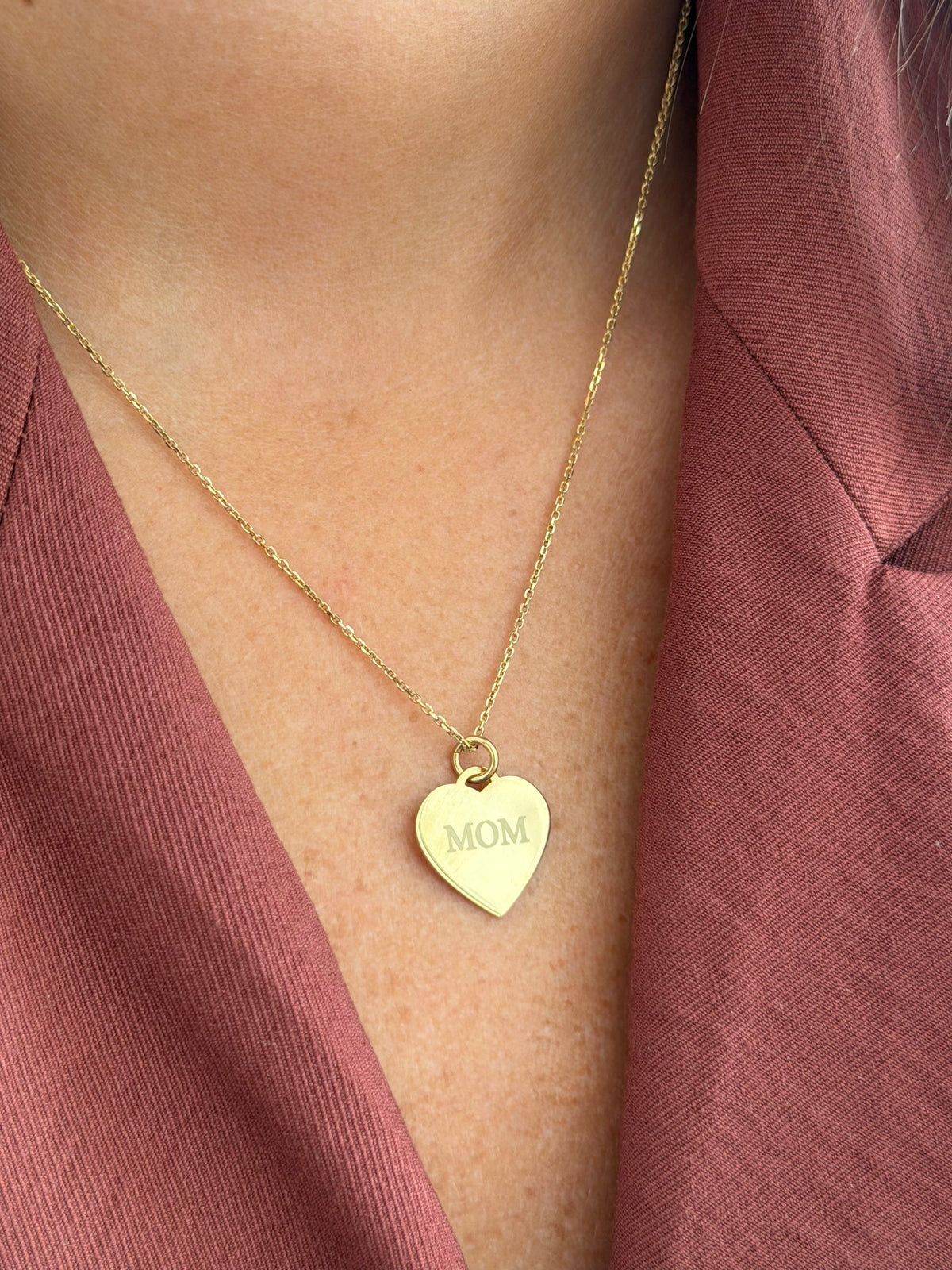 MOM Heart Necklace, MOM, yellow gold tone, lifestyle view