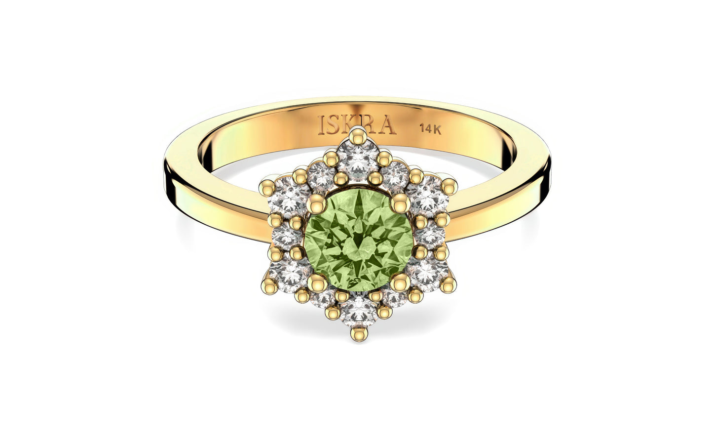 Valentina 12 Diamonds with Central Birthstone Peridot Ring in 14k Gold