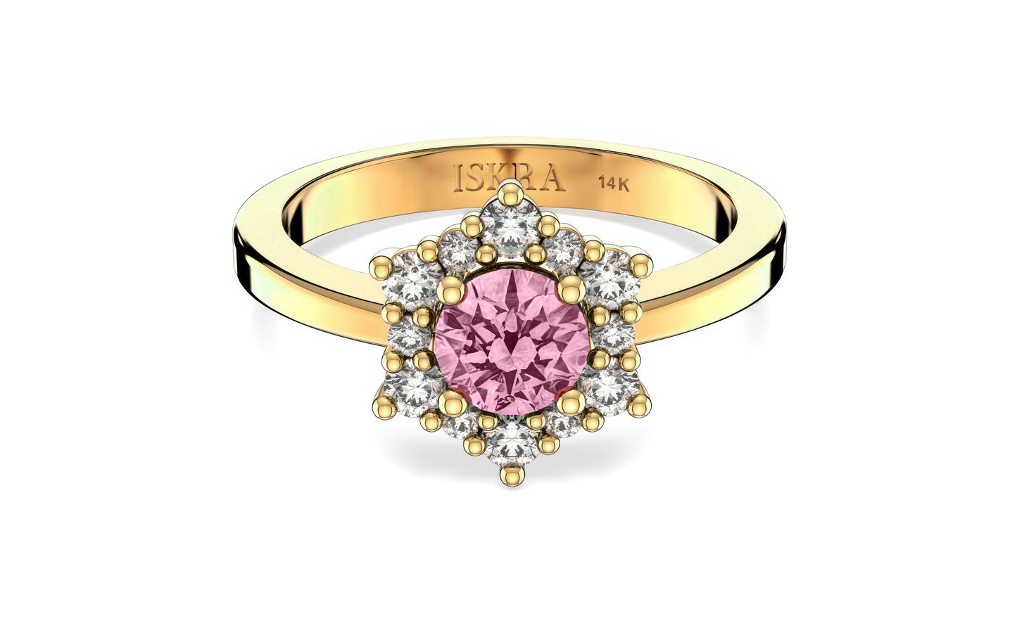 Valentina 12 Diamonds with Central Birthstone Pink Sapphire Ring in 14k Gold
