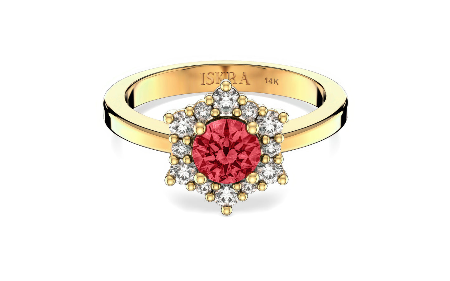 Valentina 12 Diamonds with Central Birthstone Ruby Ring in 14k Gold
