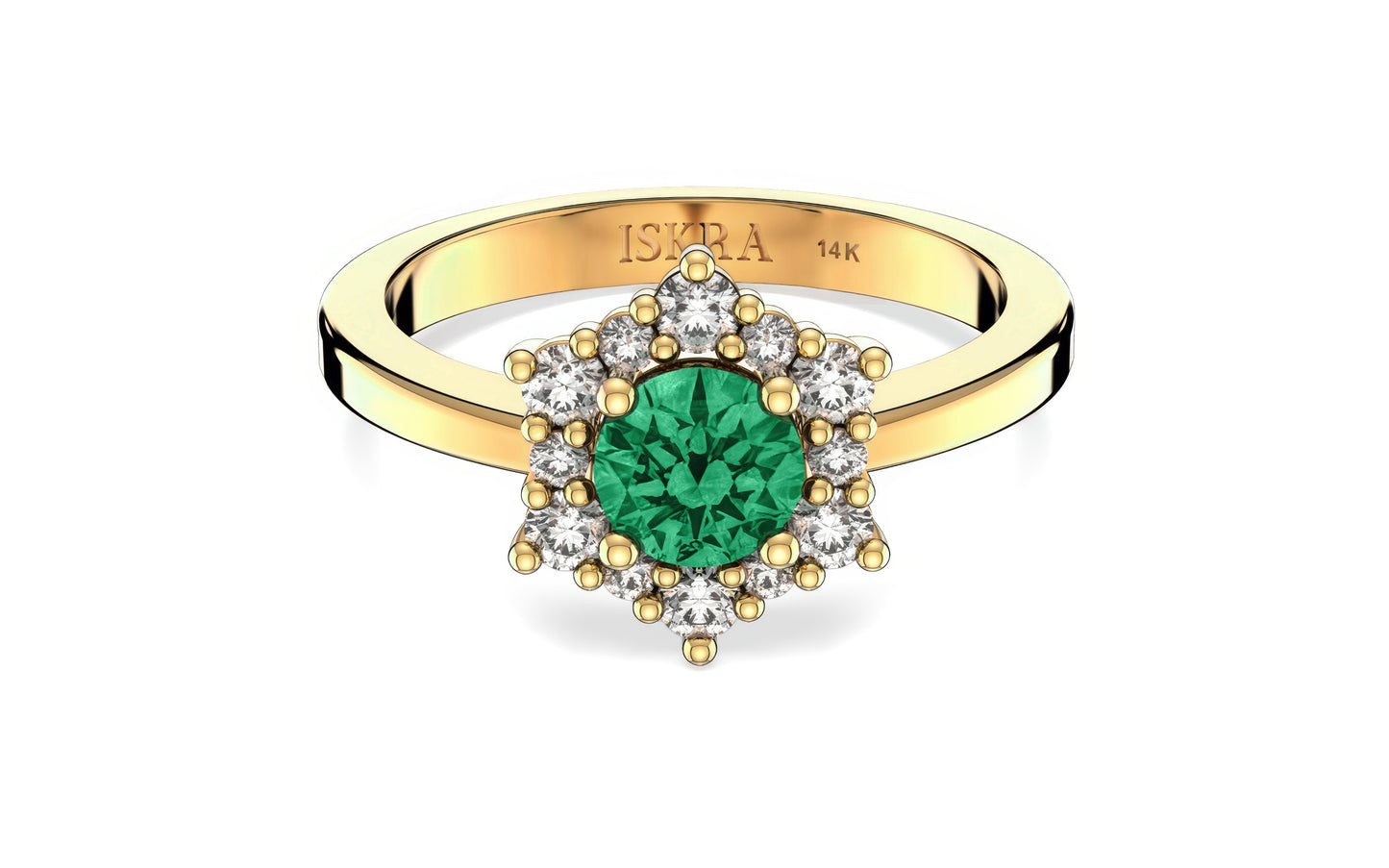 Valentina 12 Diamonds with Central Birthstone Emerald Ring in 14k Gold