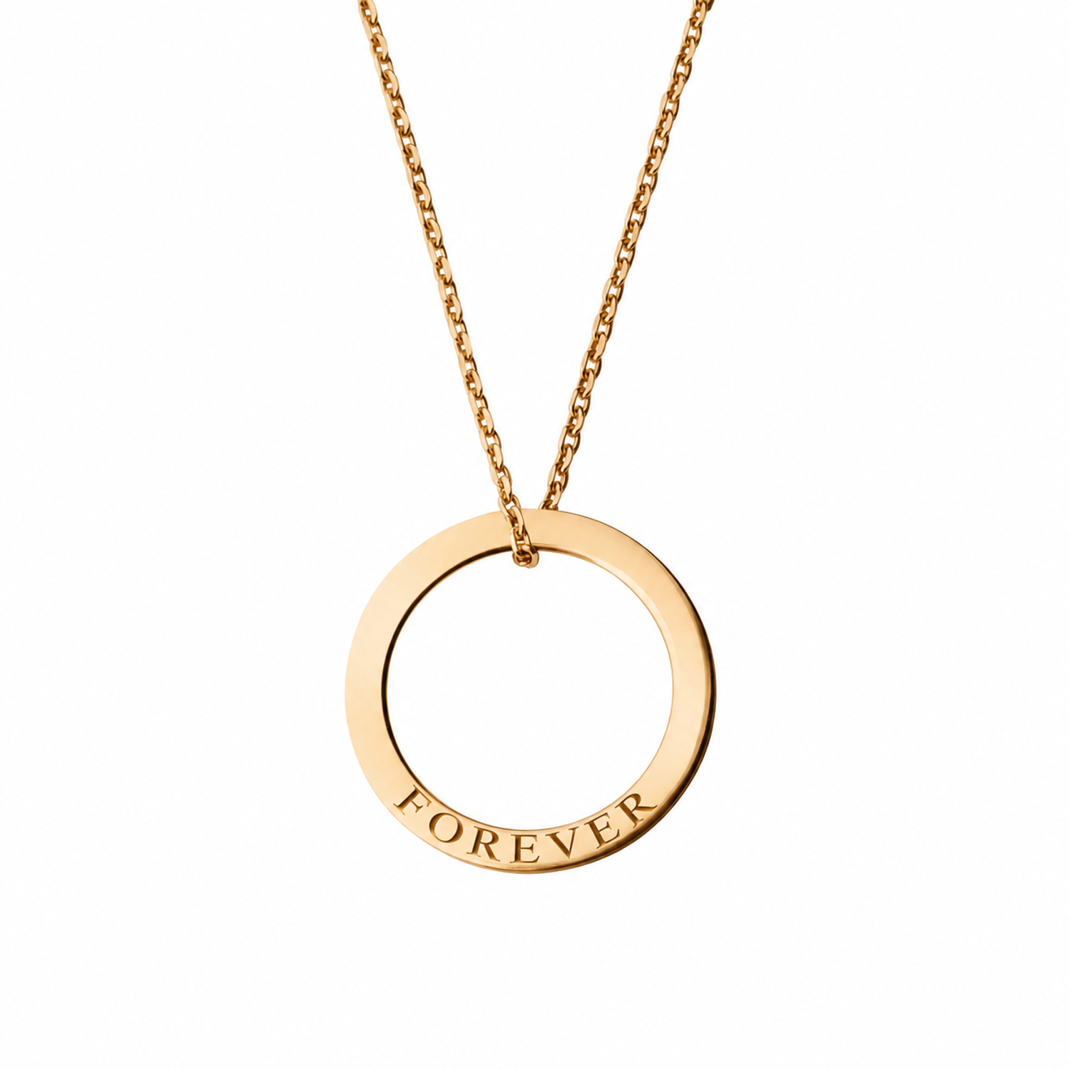 14k Yellow Gold circle necklace engraved FOREVER
