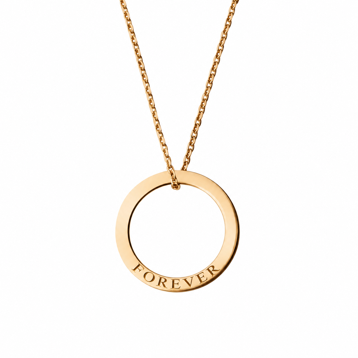 14k Yellow Gold circle necklace engraved FOREVER