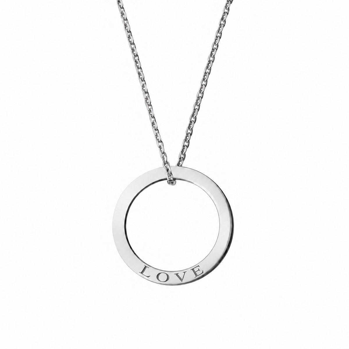 14k White Gold Circle necklace engraved LOVE