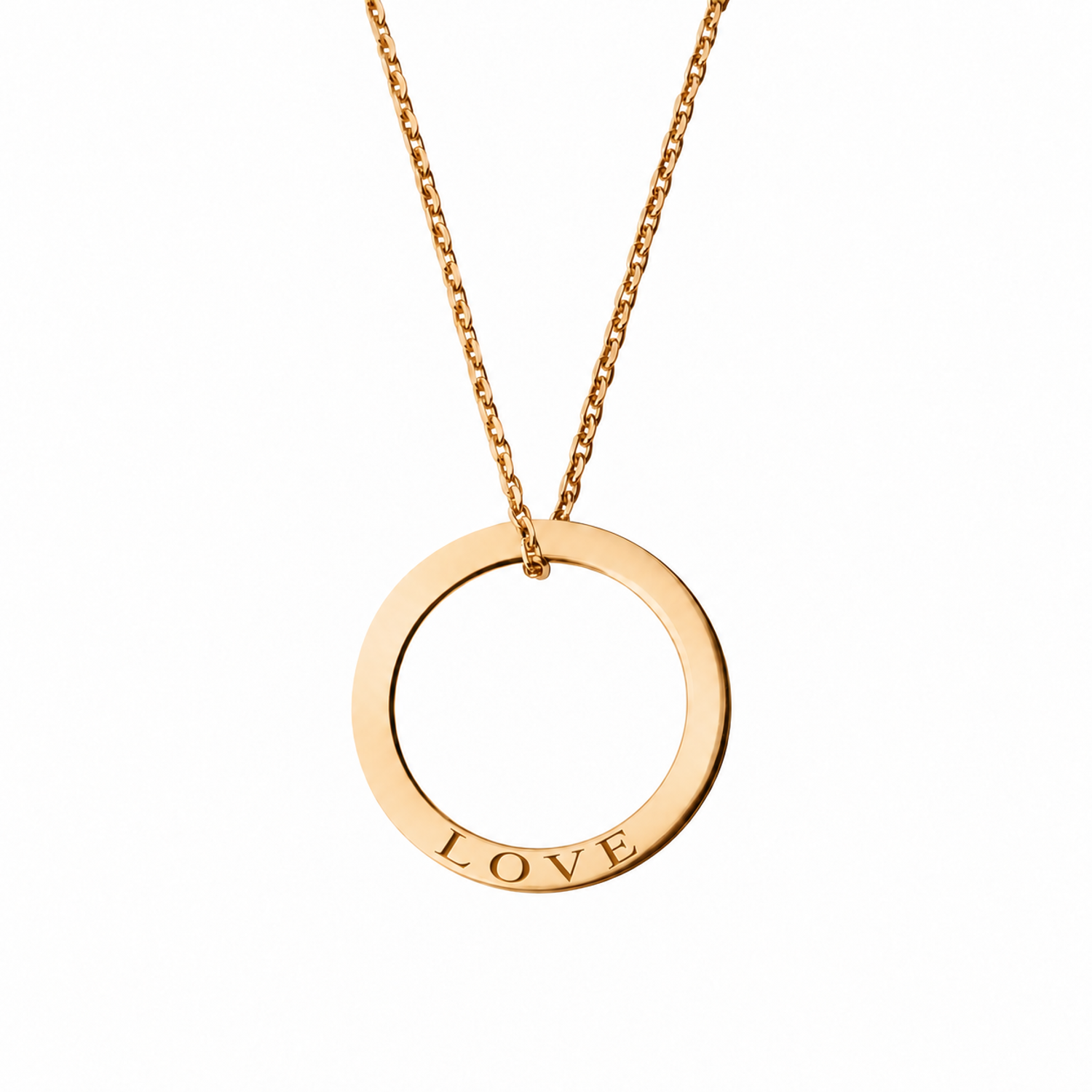 14k Yellow Gold circle necklace engraved LOVE