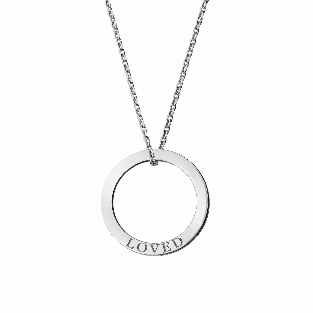 14k White Gold Circle necklace engraved LOVED