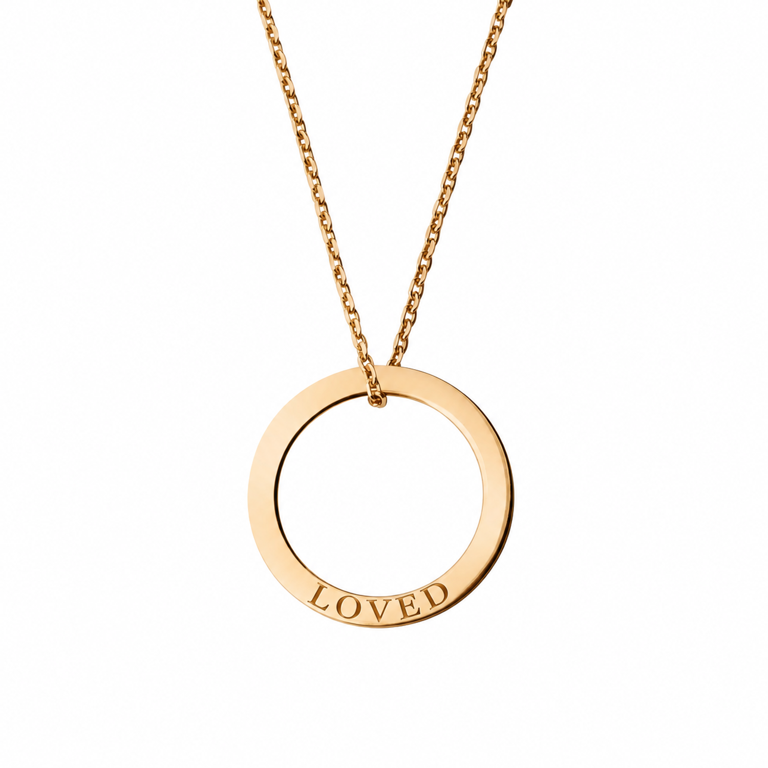 14k Yellow Gold circle necklace engraved LOVED
