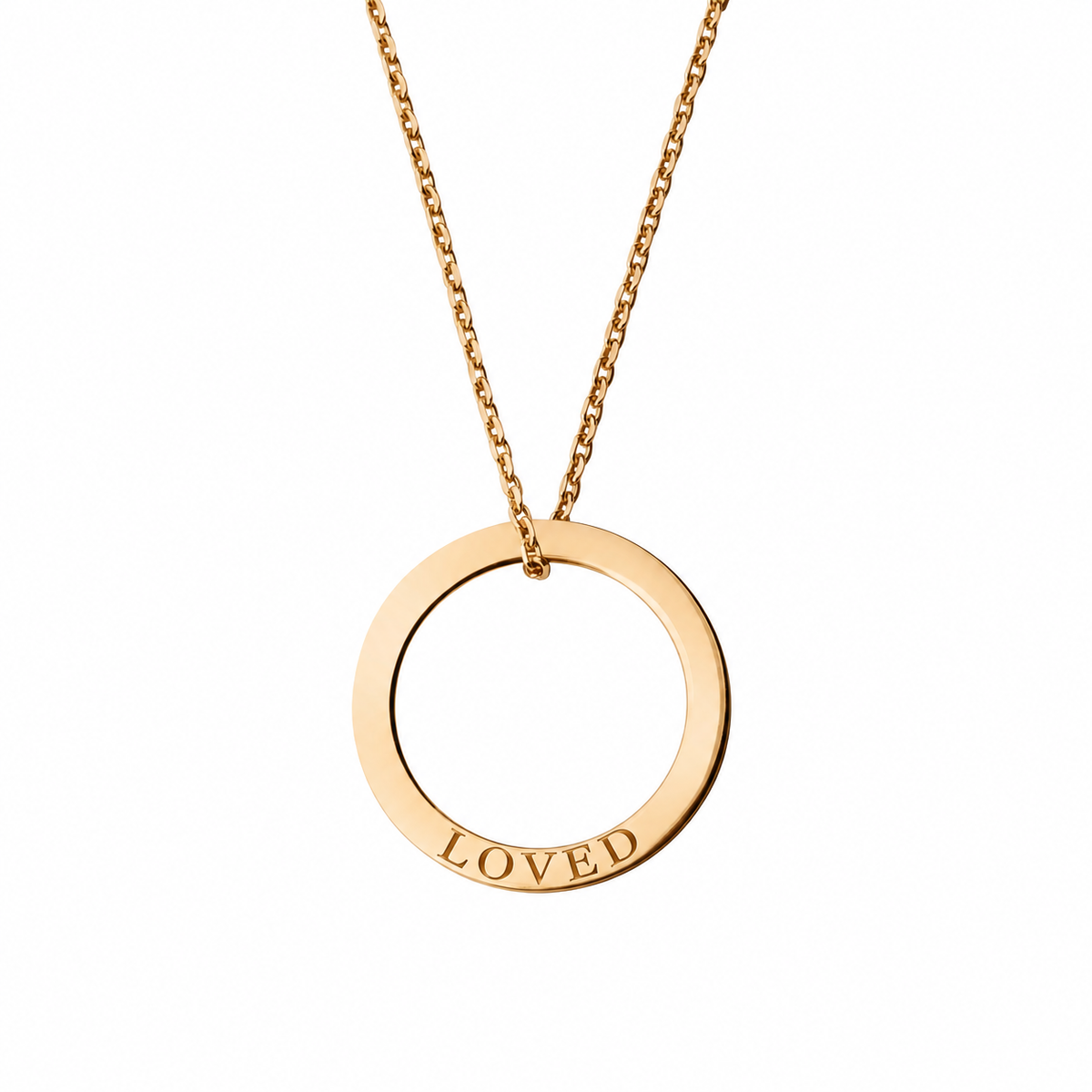 14k Yellow Gold circle necklace engraved LOVED