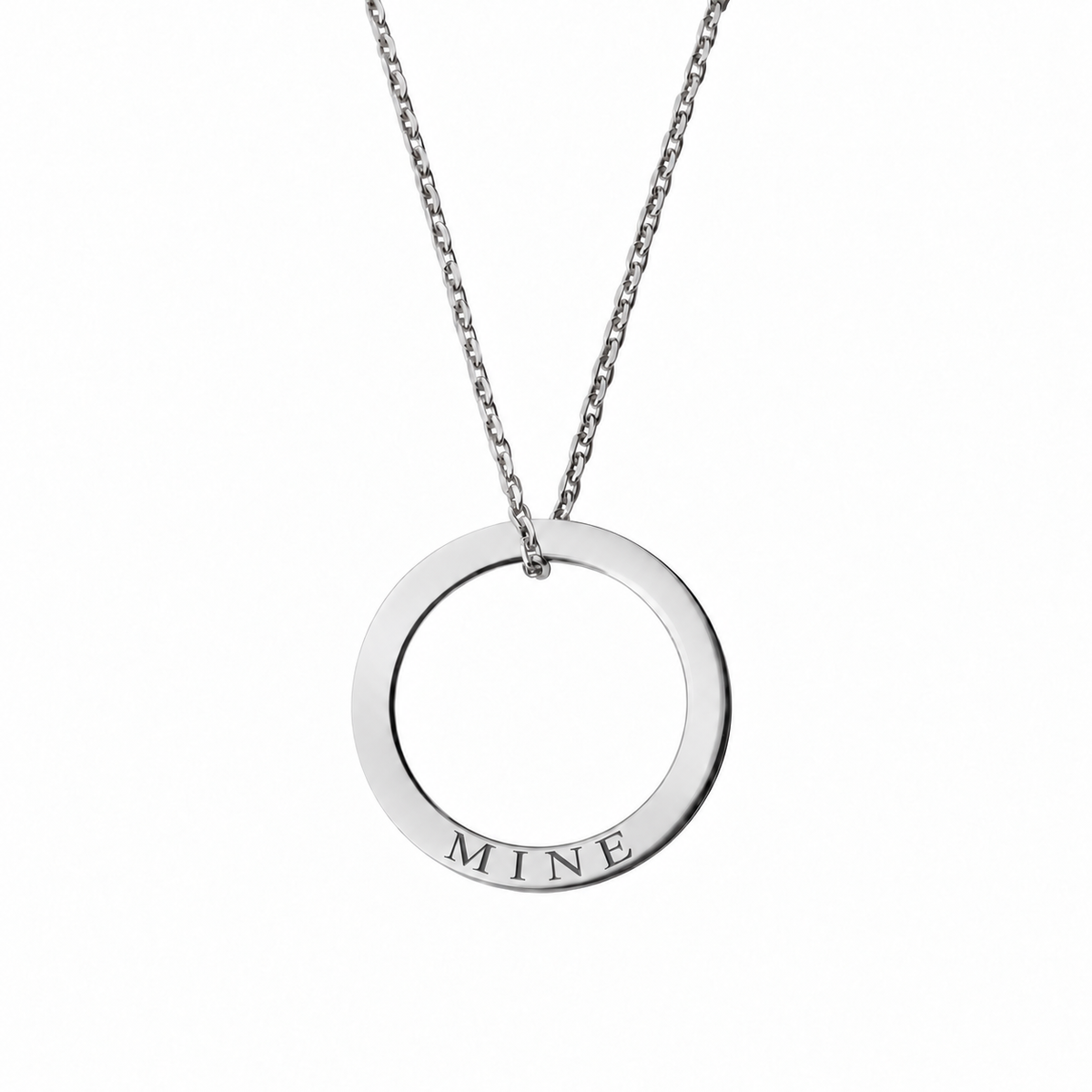 14k White Gold Circle necklace engraved MINE