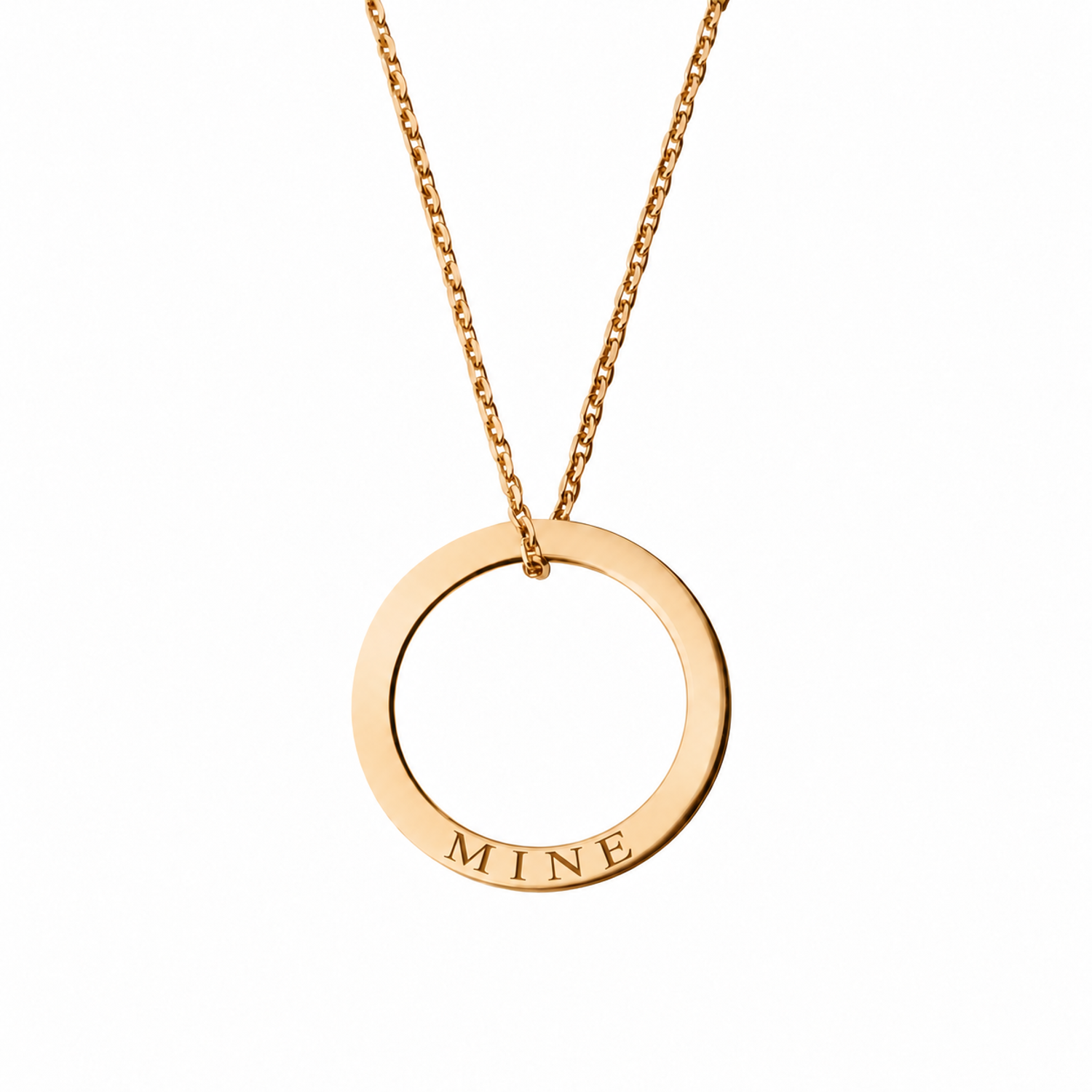 14k Yellow Gold circle necklace engraved MINE