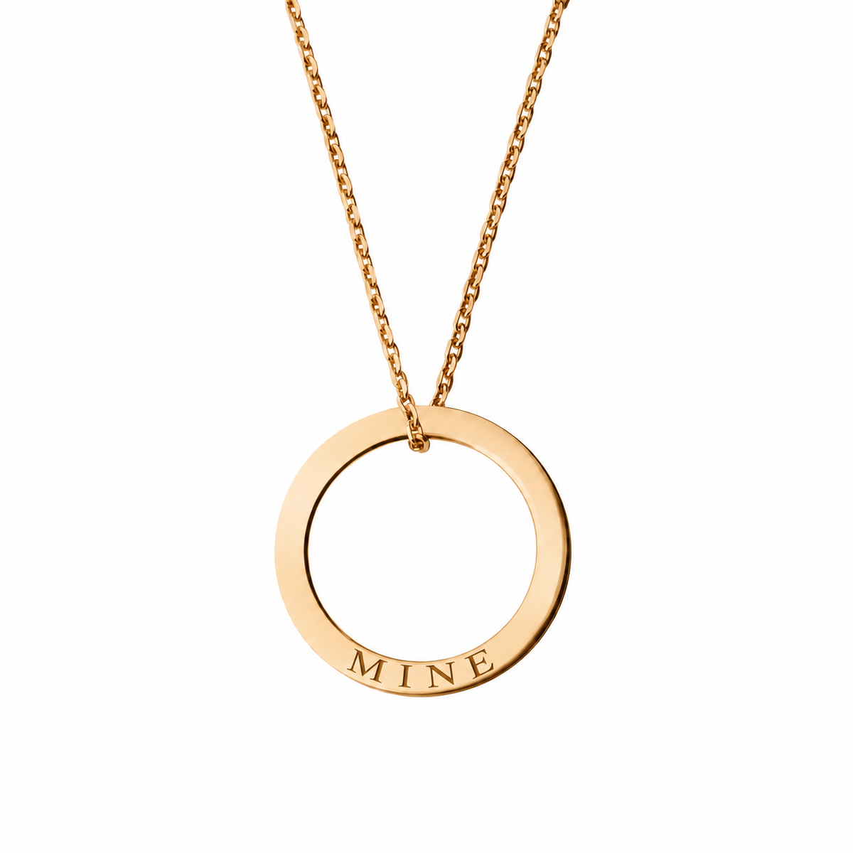 14k Yellow Gold circle necklace engraved MINE