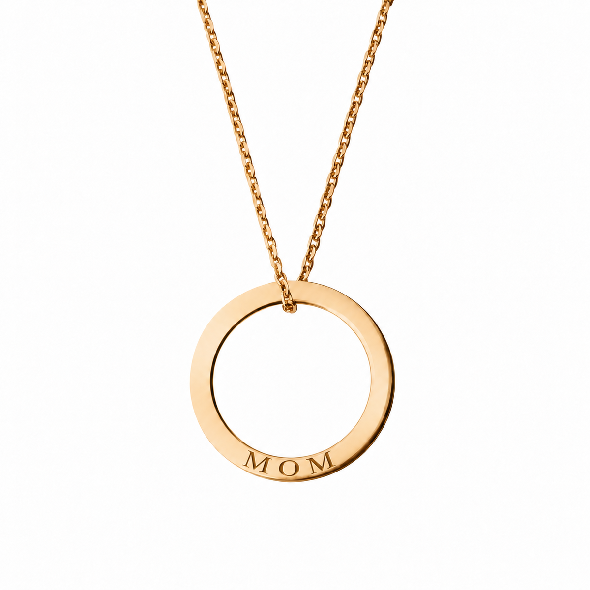 14k Yellow Gold circle necklace engraved MOM