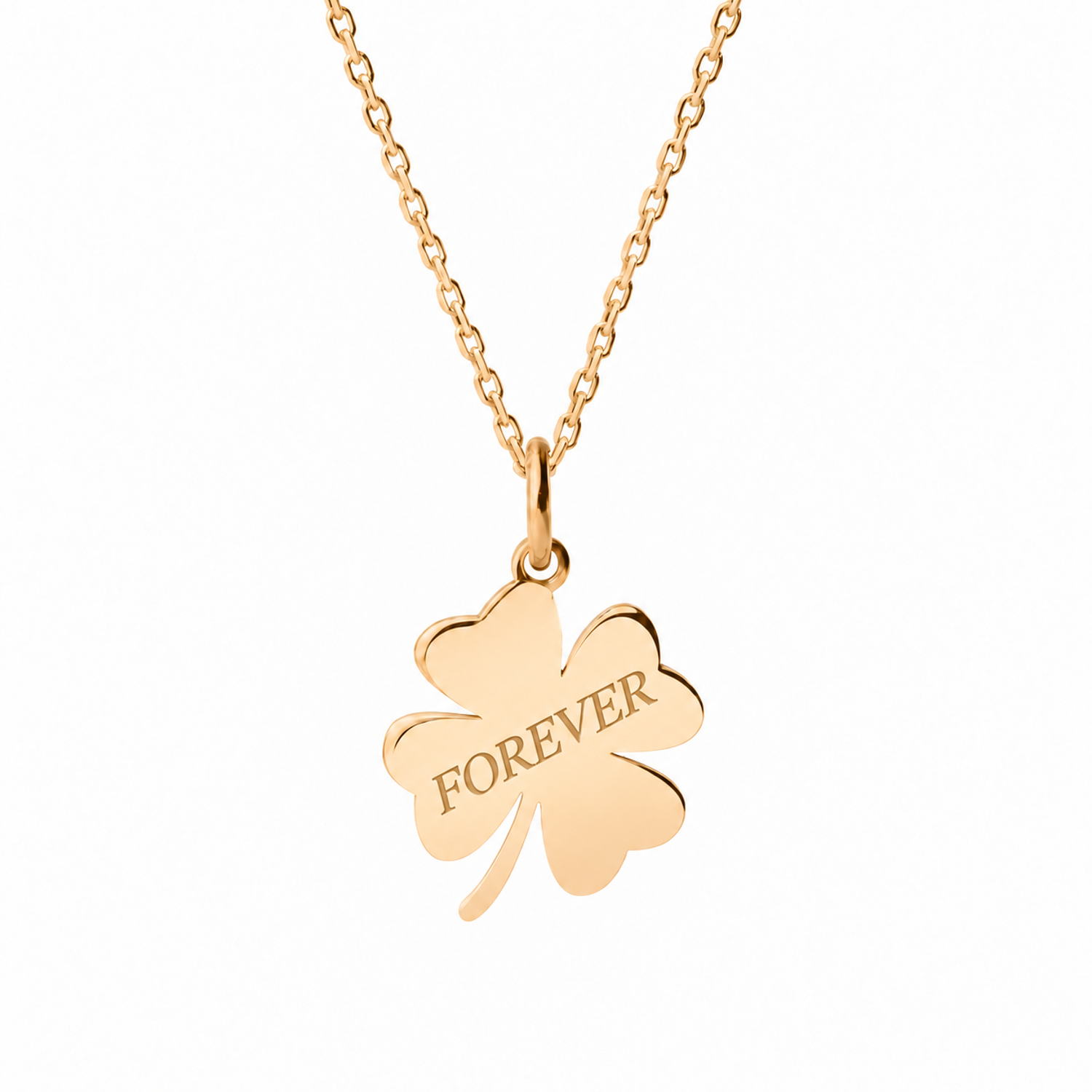 14k Yellow Gold clover necklace engraved FOREVER