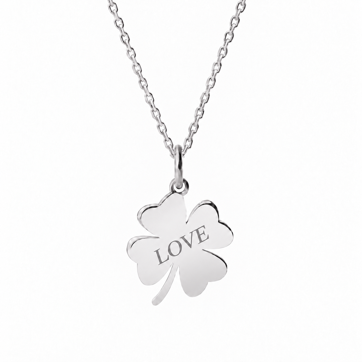 14k White Gold Clover necklace engraved LOVE