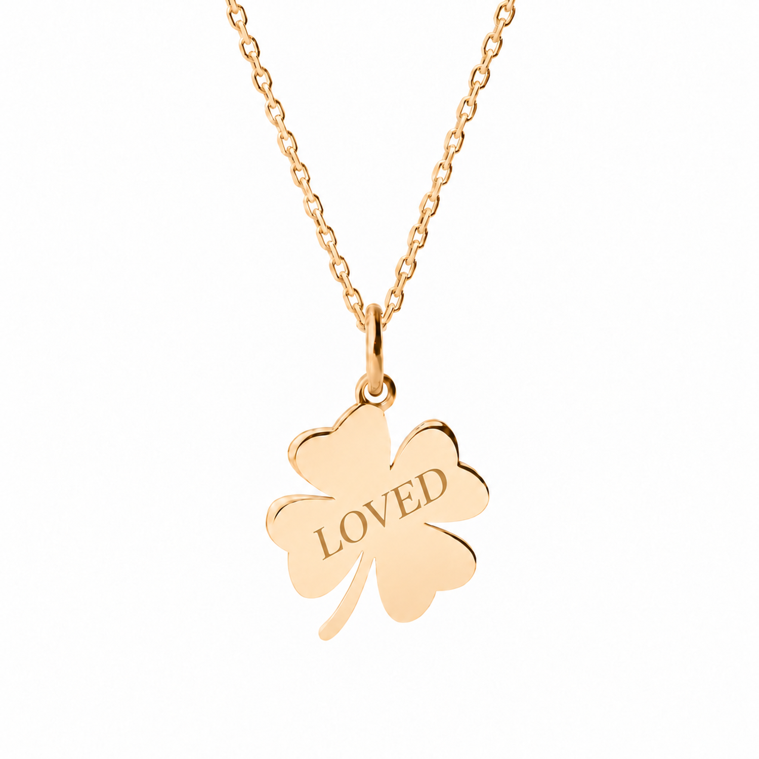 14k Yellow Gold clover necklace engraved LOVED