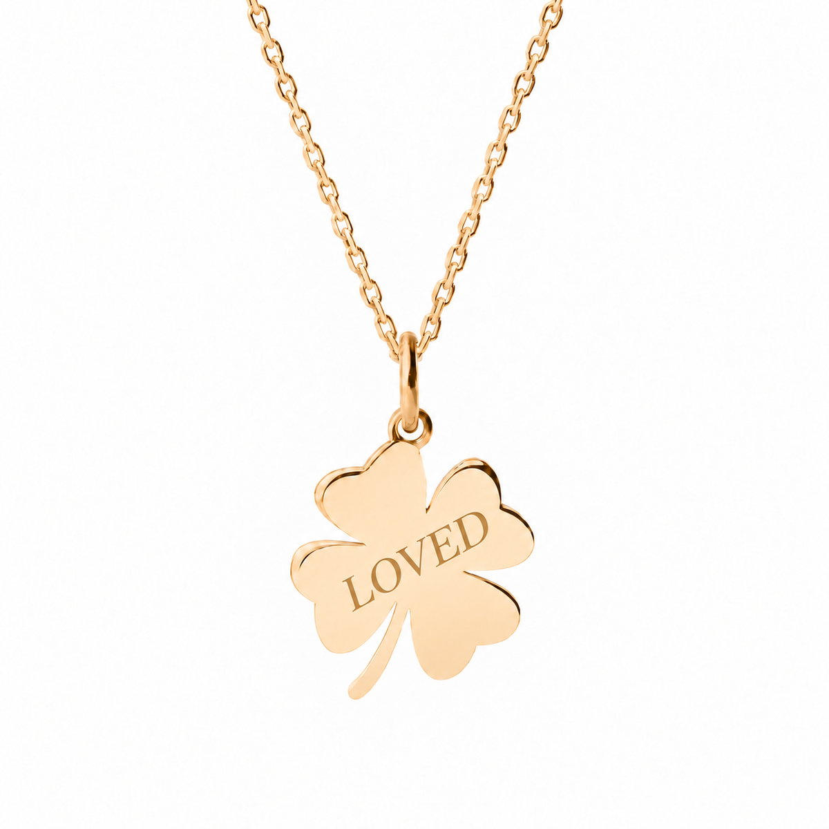 14k Yellow Gold clover necklace engraved LOVED