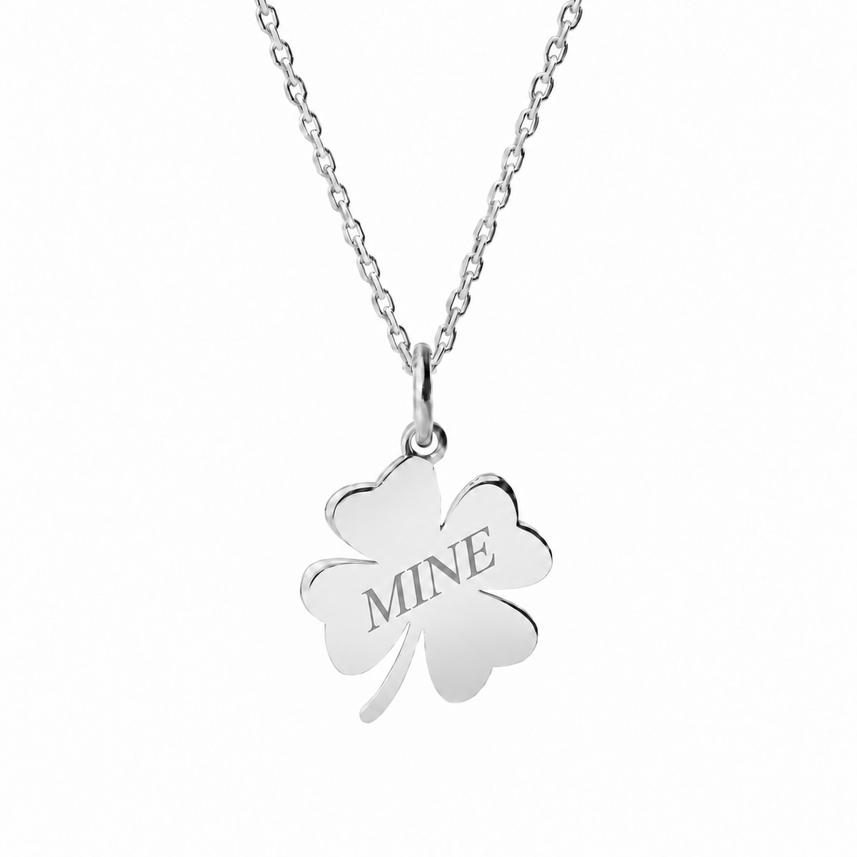 14k White Gold Clover necklace engraved MINE