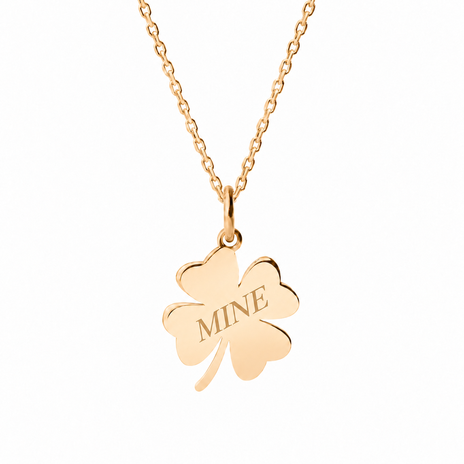 14k Yellow Gold clover necklace engraved MINE
