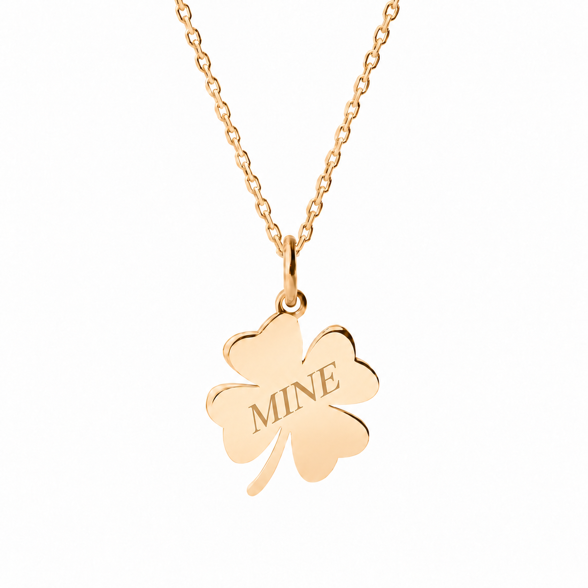 14k Yellow Gold clover necklace engraved MINE