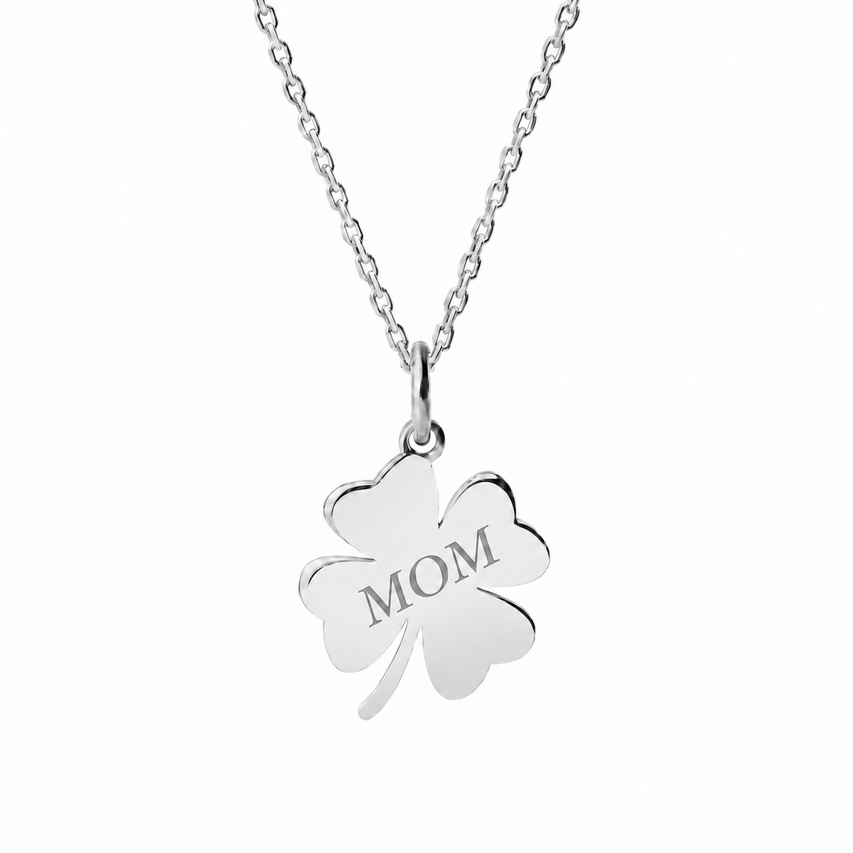 14k White Gold Clover necklace engraved MOM
