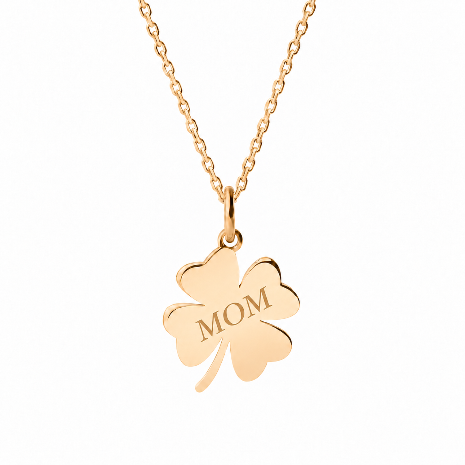 14k Yellow Gold clover necklace engraved MOM
