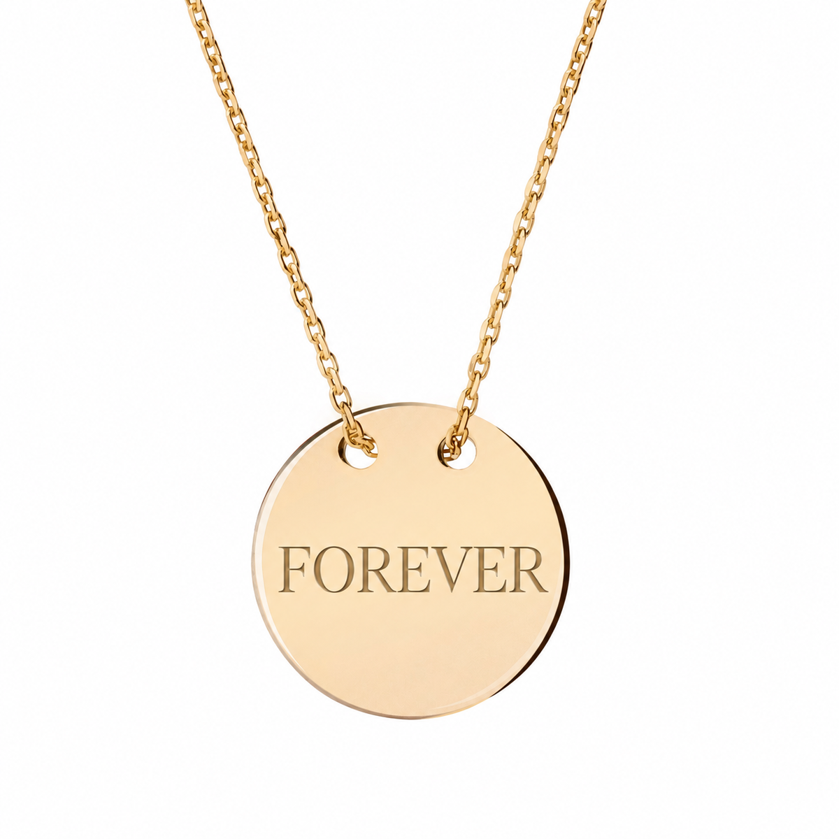14k Yellow Gold disc necklace engraved FOREVER