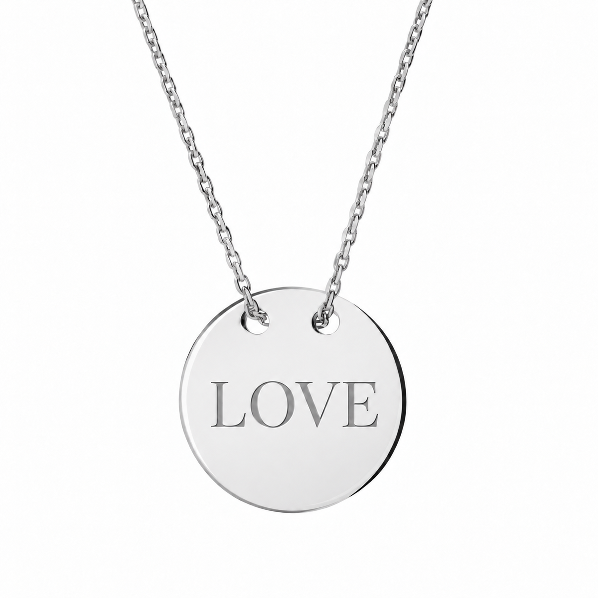 14k White Gold Disc necklace engraved LOVE