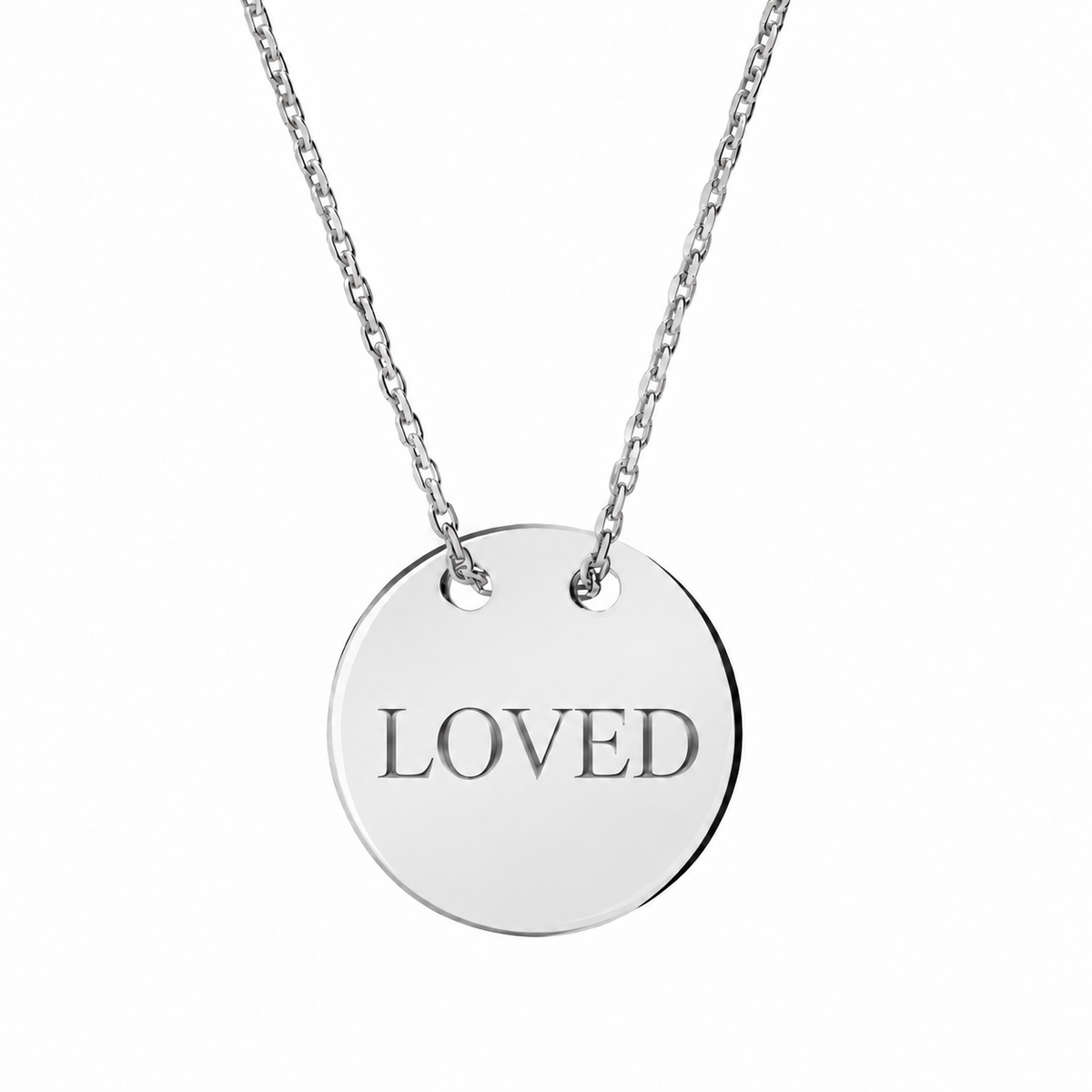 14k White Gold Disc necklace engraved LOVED