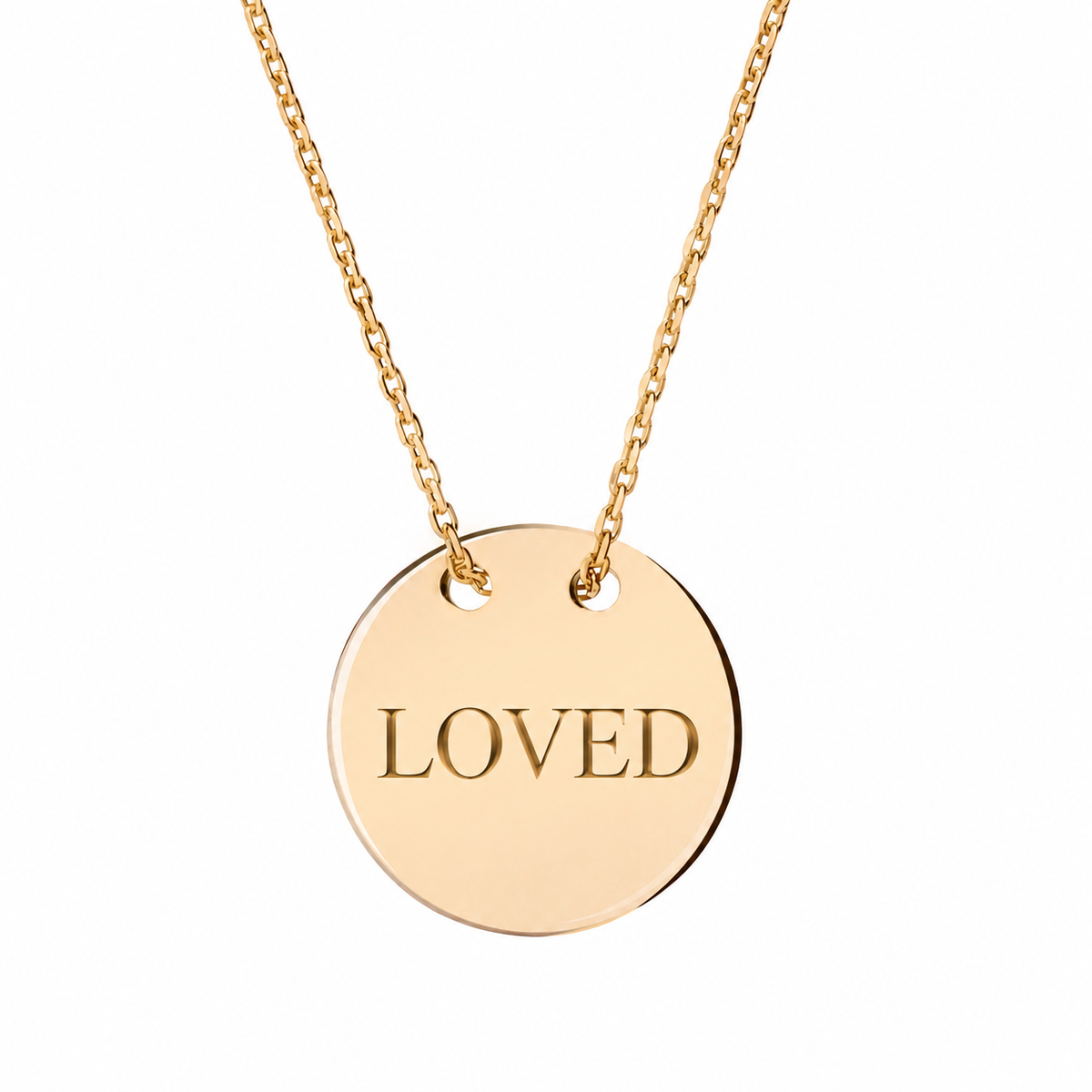 14k Yellow Gold disc necklace engraved LOVED