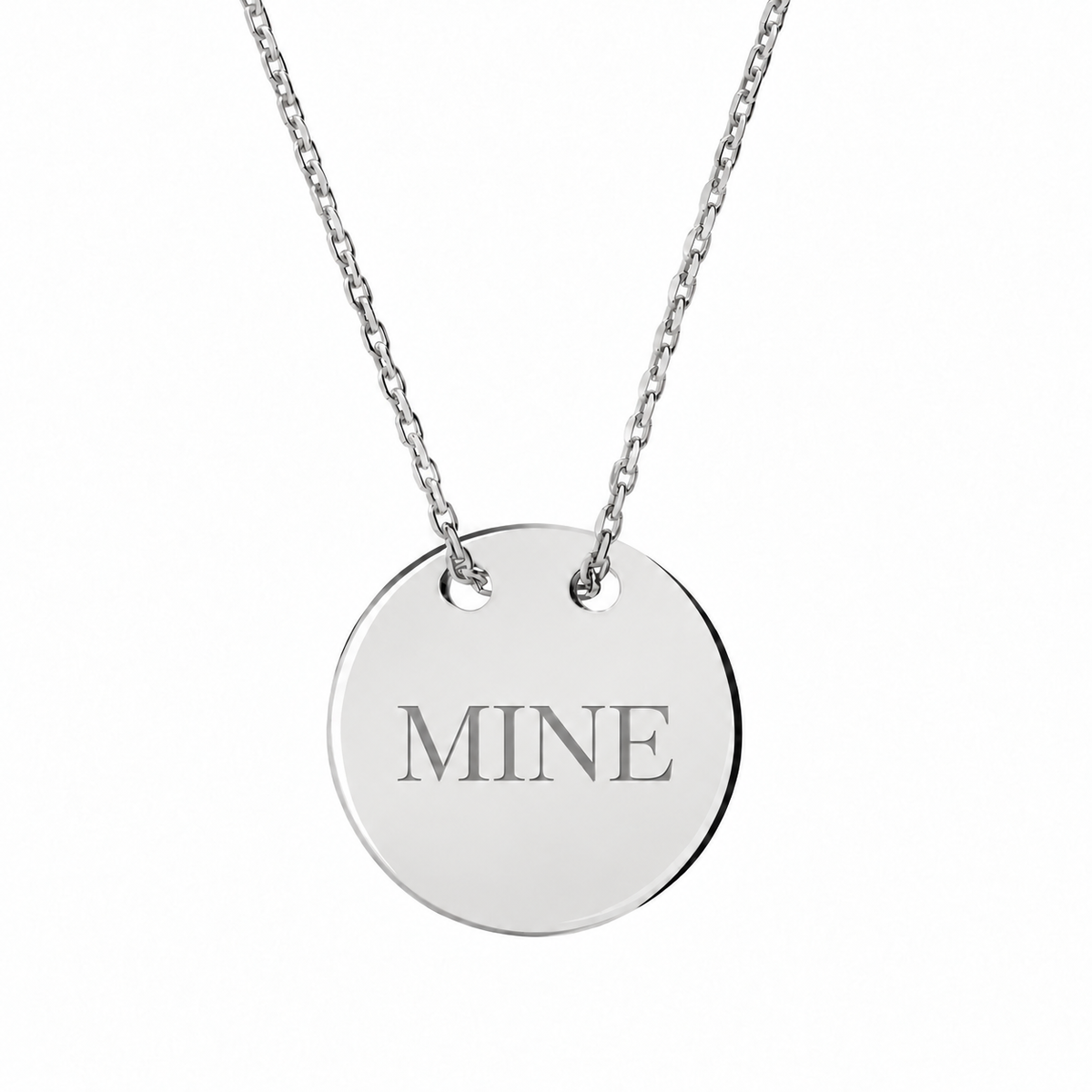 14k White Gold Disc necklace engraved MINE