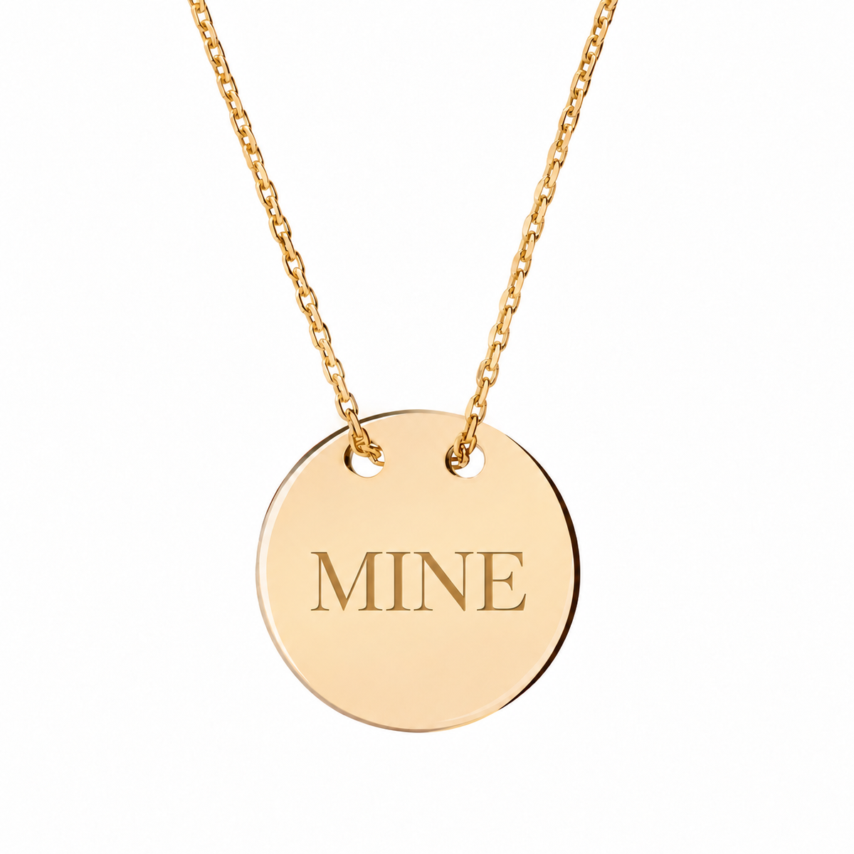 14k Yellow Gold disc necklace engraved MINE