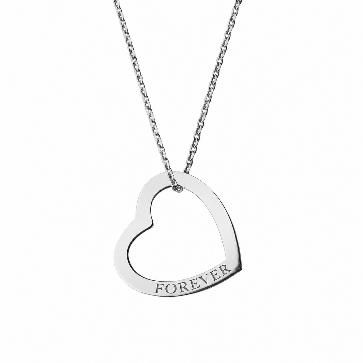 14k White Gold Hollow Heart necklace engraved FOREVER