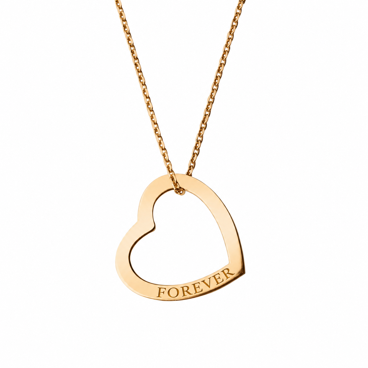 14k Yellow Gold hollow heart necklace engraved FOREVER