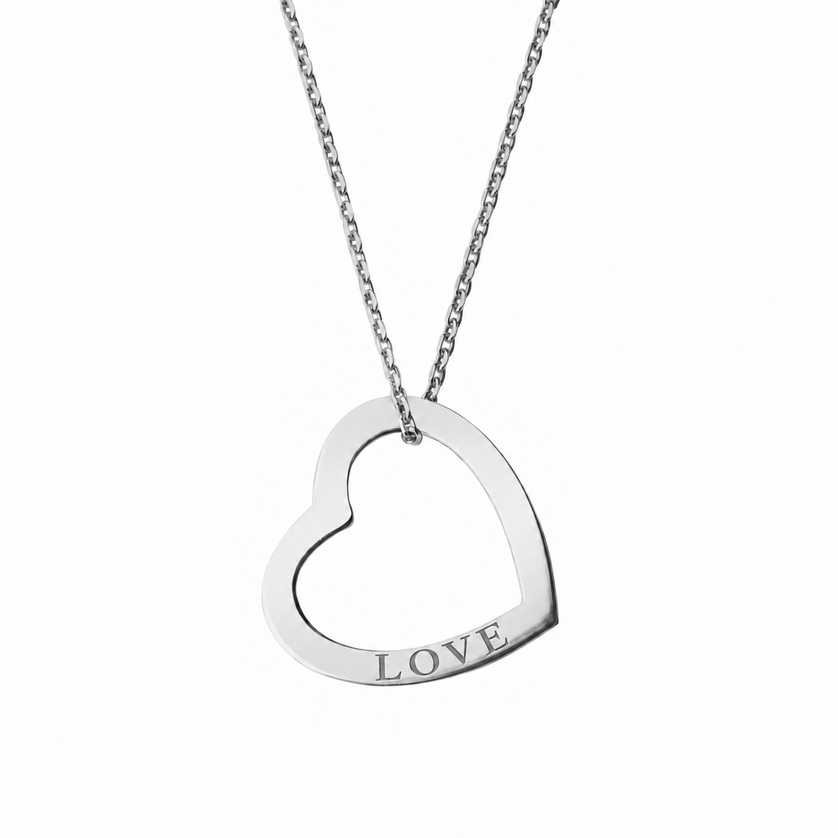 14k White Gold Hollow Heart necklace engraved LOVE