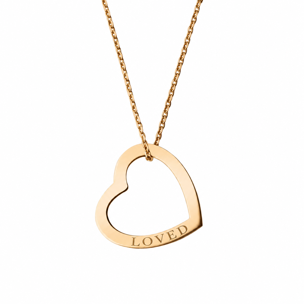 14k Yellow Gold hollow heart necklace engraved LOVED