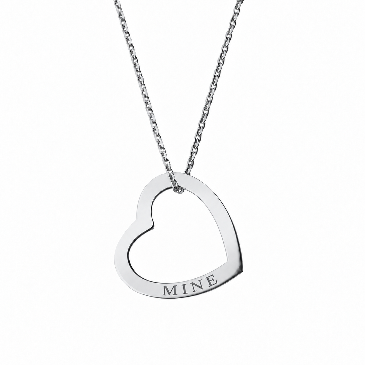 14k White Gold Hollow Heart necklace engraved MINE