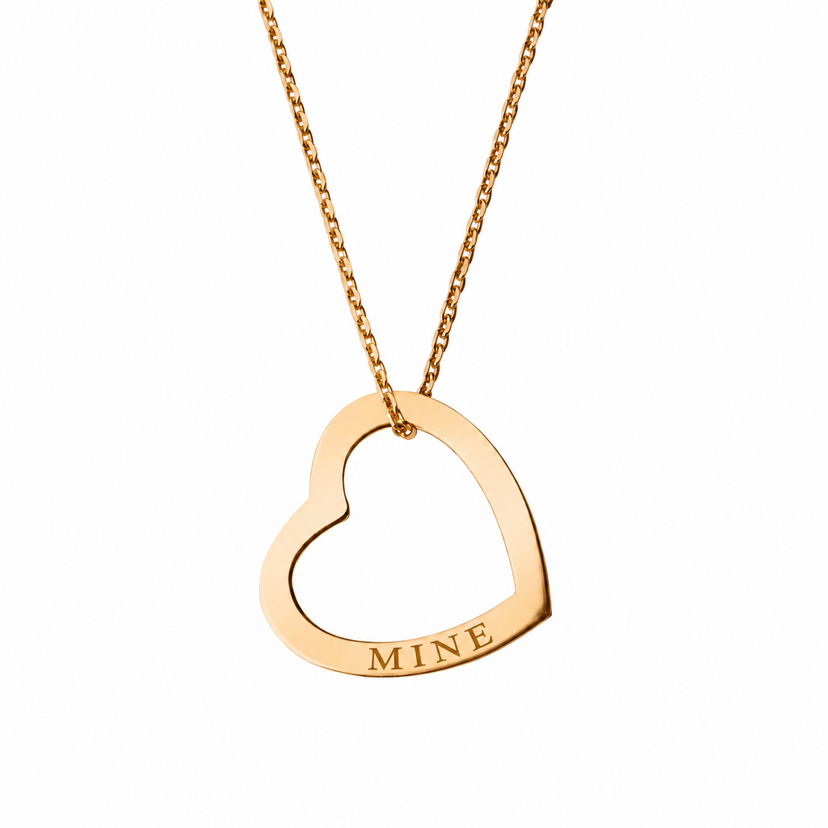 14k Yellow Gold hollow heart necklace engraved MINE