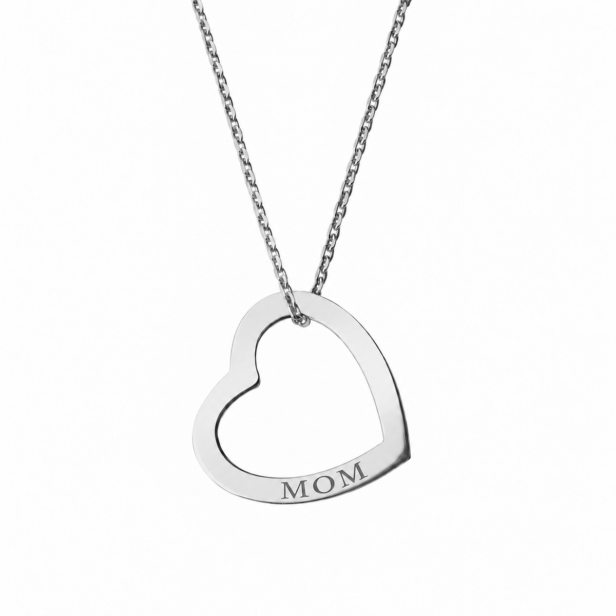 14k White Gold Hollow Heart necklace engraved MOM