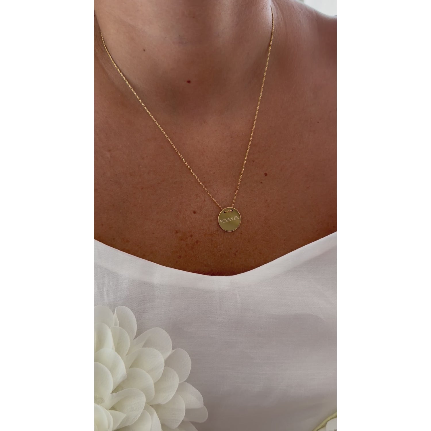 Forever Disc Necklace, FOREVER, yellow gold tone, lifestyle video
