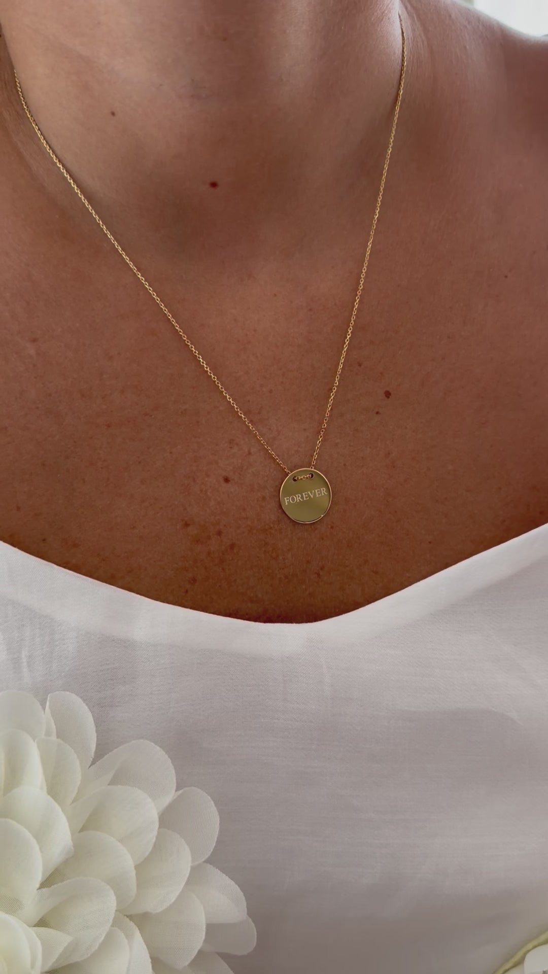 Forever Disc Necklace, FOREVER, yellow gold tone, lifestyle video