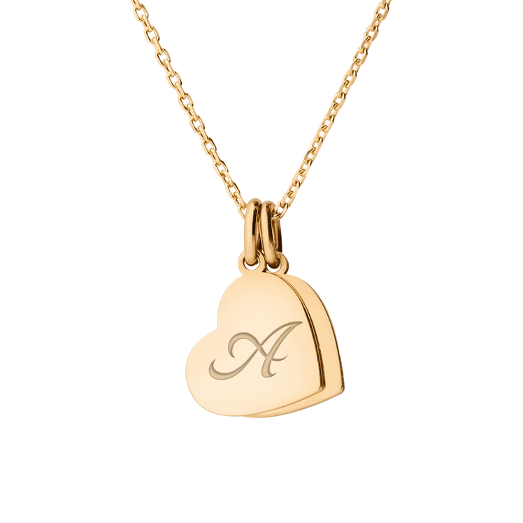 Personalized 2 Little Heart Necklace - "A" in 14k Gold