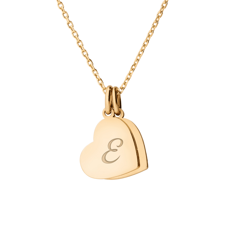 Personalized 2 Little Heart Necklace - "E" in 14k Gold
